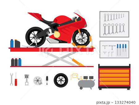 Motorcycle service and repair vector icon set. Stock illustration. 133274040