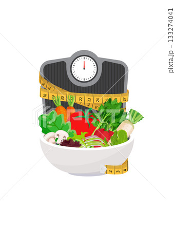Scales with Fresh vegetables on on white background. stock illustration Scales with Fresh vegetables on on white background. stock illustration 133274041