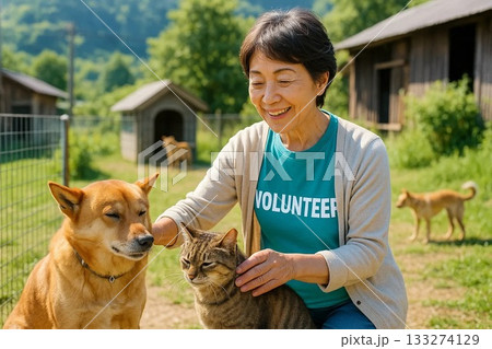 保護犬猫と触れ合う動物保護ボランティア女性 133274129