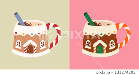 Vector illustration of cute Christmas mug shaped like gingerbread houses with candy cane handles and hot chocolate inside in two colors. Festive holiday design for cards, stickers, and seasonal decor 133274203