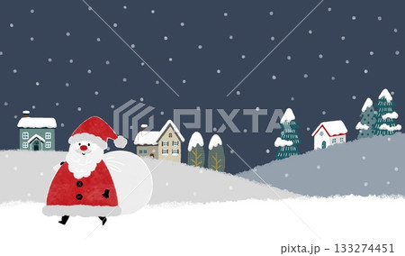 雪が降る夜の街をサンタクロースが歩いているクリスマスイメージのイラスト 雪が降る夜の街をサンタクロースが歩いているクリスマスイメージのイラスト 133274451