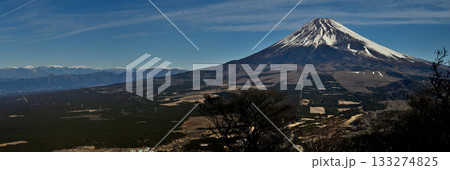 愛鷹山塊の越前岳より　富士山と厳冬の南アルプスのパノラマ写真 133274825