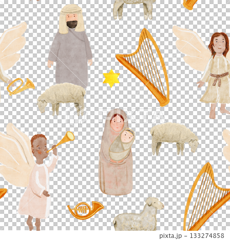Nativity elements angels, Mary and baby, shepherd, angels, sheep, stars, and musical instruments. Seamless Christmas watercolor pattern ideal for fabrics, wrapping paper, cards, Christian projects Nativity elements angels, Mary and baby, shepherd, angels, sheep, stars, and musical instruments. Seamless Christmas watercolor pattern ideal for fabrics, wrapping paper, cards, Christian projects 133274858