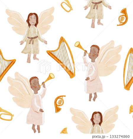Angels with instruments a golden trumpet, harp, symbolizing diversity and holiday joy. Perfect for Christmas cards, decor, inclusive projects. Watercolor seamless pattern isolated on white background Angels with instruments a golden trumpet, harp, symbolizing diversity and holiday joy. Perfect for Christmas cards, decor, inclusive projects. Watercolor seamless pattern isolated on white background 133274860