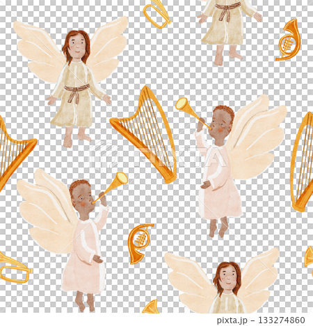 Angels with instruments a golden trumpet, harp, symbolizing diversity and holiday joy. Perfect for Christmas cards, decor, inclusive projects. Watercolor seamless pattern isolated on white background Angels with instruments a golden trumpet, harp, symbolizing diversity and holiday joy. Perfect for Christmas cards, decor, inclusive projects. Watercolor seamless pattern isolated on white background 133274860
