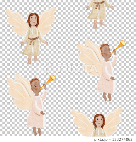 Angels in beige robes, blowing a golden trumpet, spread wings, symbolizing peace, diversity and joy. Perfect for Christmas cards, decor, inclusive projects. Watercolor illustration isolated on white 133274862