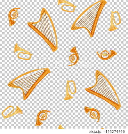 Golden harps and brass horns arranged in a rhythmic musical layout. Watercolor seamless pattern. Hand-painted clip art on white, ideal for festive textiles, wrapping paper, cards, creative projects Golden harps and brass horns arranged in a rhythmic musical layout. Watercolor seamless pattern. Hand-painted clip art on white, ideal for festive textiles, wrapping paper, cards, creative projects 133274866