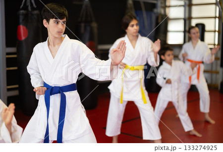 Children students repeat position and perform sequence of punches and painful techniques kata 133274925