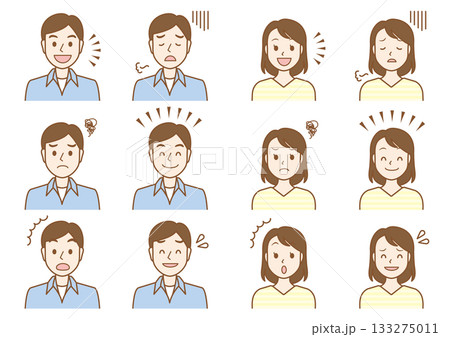 6種類の表情の若い男性と女性のイラストセット-色薄め 133275011