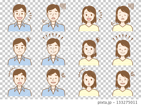 一組六位年輕男女不同面部表情的插圖 - 淺色 133275011