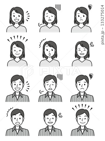 6種類の表情の若い男性と女性のイラストセット-モノクロ 133275014