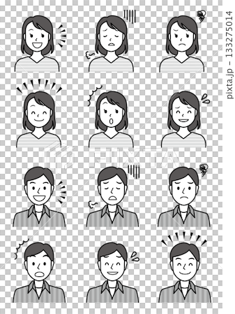 6種類の表情の若い男性と女性のイラストセット-モノクロ 133275014
