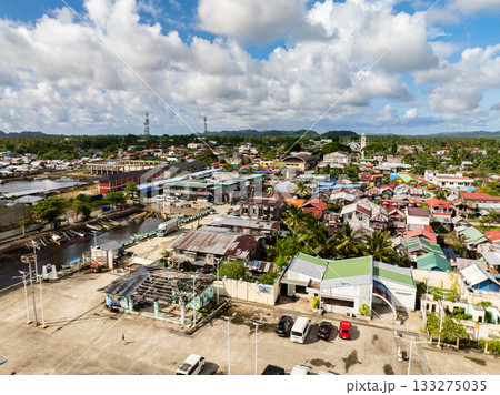 Busy town center with colorful houses, vehicles and palm trees set against mountains and blue sky. Del Carmen. Siargao, Philippines. 133275035
