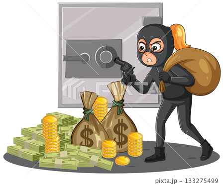 Female Burglar Robbing Bank Vault with Money Bags Female Burglar Robbing Bank Vault with Money Bags 133275499