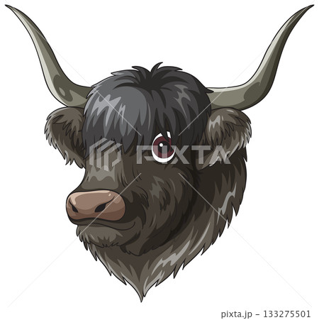 Cartoon Highland Cow Head with Curved Horns 133275501