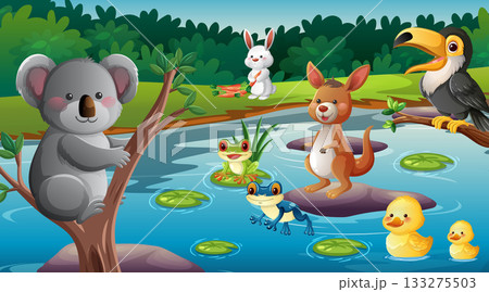 Australian Animals Gathering at Forest Pond in Cartoon Style 133275503