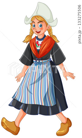 Dutch Girl in Traditional Costume Walking with Wooden Clogs Dutch Girl in Traditional Costume Walking with Wooden Clogs 133275506