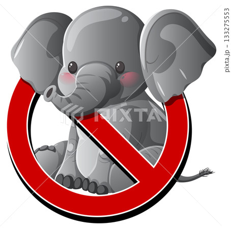 No Elephants Allowed Symbol with Cute Cartoon Elephant No Elephants Allowed Symbol with Cute Cartoon Elephant 133275553