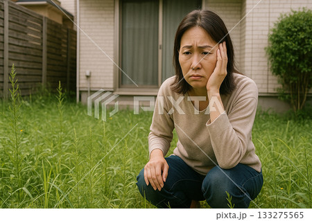 庭の雑草と女性の表情 0148 133275565