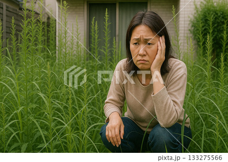 庭の中の心配そうな女性 0149 133275566