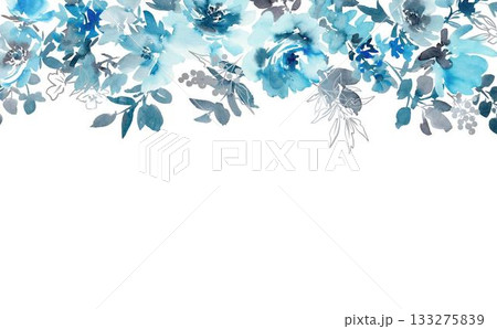 水彩で描いた抽象的な青い薔薇と線画、草花のベクター背景イラスト 133275839