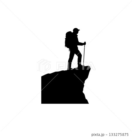 hiker on cliff silhouette adventurer standing with backpack mountain trekking symbol isolated on white background hiker on cliff silhouette adventurer standing with backpack mountain trekking symbol isolated on white background 133275875