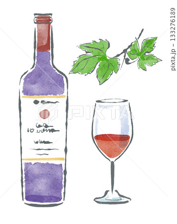 ワインボトルとグラスのイラスト 線画　手描き風 133276189