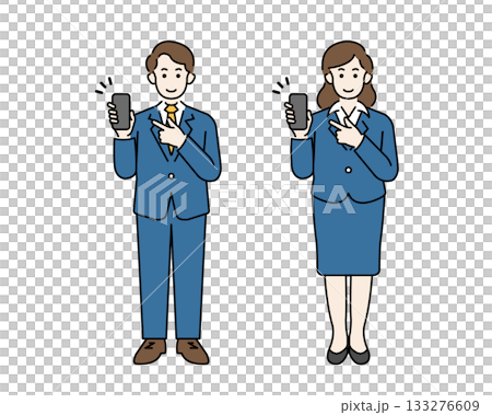 笑顔でOKポーズをとるスーツ姿の男女 スマホを持つ会社員の全身イラスト素材 笑顔でOKポーズをとるスーツ姿の男女 スマホを持つ会社員の全身イラスト素材 133276609
