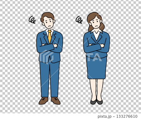 悩むスーツ姿の男女 腕を組む会社員の全身イラスト素材 悩むスーツ姿の男女 腕を組む会社員の全身イラスト素材 133276610