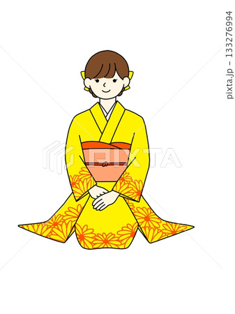 振袖　黄色　正座 133276994