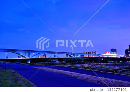 荒川土手から見る舎人ライナー 扇大橋の光跡　夜景 133277103
