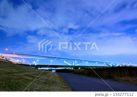 荒川土手から見る舎人ライナー 扇大橋の光跡　夜景 133277112