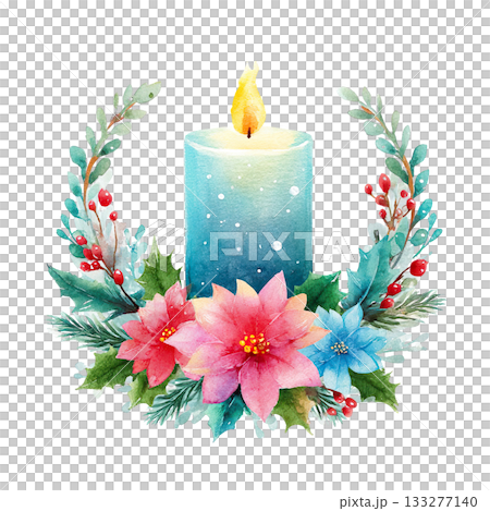 彩色聖誕花圈設計插圖，帶有蠟燭，背景透明（png格式） 133277140
