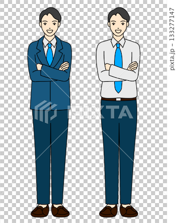 Full-body illustration of a businessman in a suit and a shirt standing with his arms crossed and smiling Full-body illustration of a businessman in a suit and a shirt standing with his arms crossed and smiling 133277147