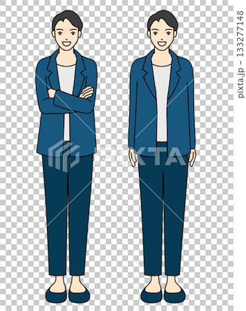 Full-body illustration of a smiling office casual man (blazer and T-shirt) standing 133277148