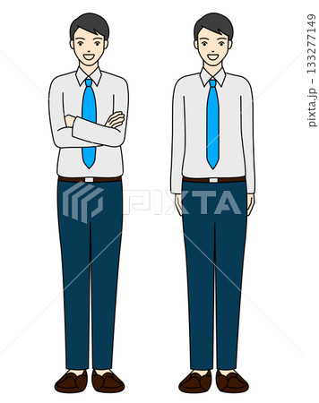 笑顔で立つ腕組みと基本ポーズのネクタイとYシャツ姿の男性の全身イラスト 133277149