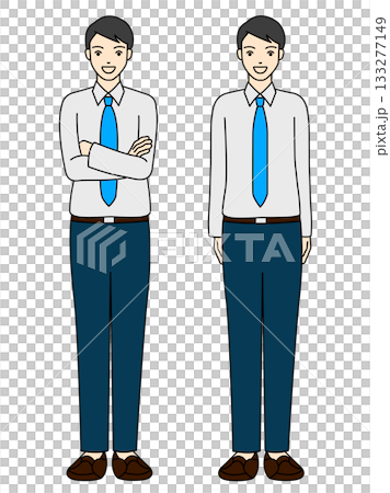 Full-body illustration of a man standing with his arms crossed and wearing a tie and a Y-shirt in a basic pose Full-body illustration of a man standing with his arms crossed and wearing a tie and a Y-shirt in a basic pose 133277149