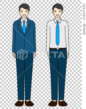 Full-body illustration of a smiling businessman in a navy blue suit, tie and Y-shirt 133277150