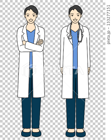Full-body illustration of a smiling male doctor (scrub/white coat) standing with his arms crossed and a stethoscope 133277151