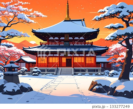 【AI生成画像】イラスト風 夕暮れ時の京の雪の寺 【AI生成画像】イラスト風 夕暮れ時の京の雪の寺 133277249
