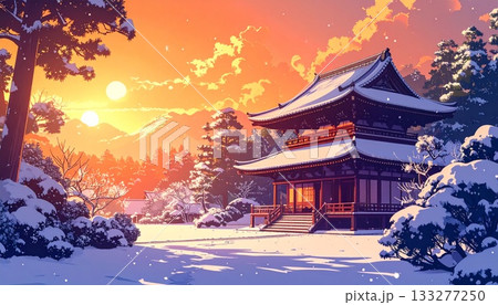 【AI生成画像】イラスト風 夕暮れ時の京の雪の寺 【AI生成画像】イラスト風 夕暮れ時の京の雪の寺 133277250
