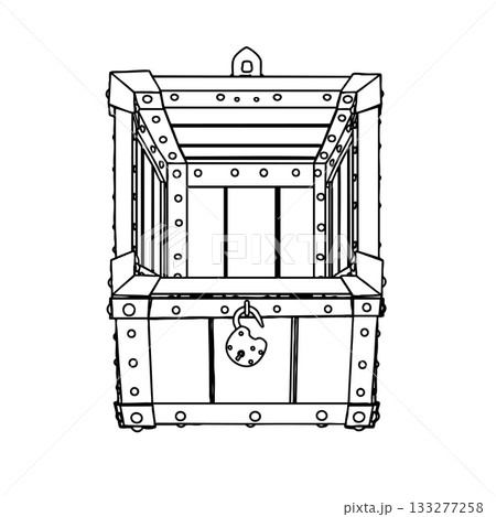 Outline for Full Opened Empty Medieval Chest with Padlock. Vector Illustration. 133277258