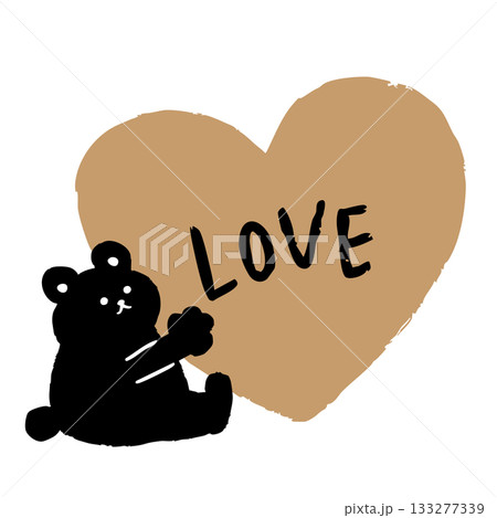 金のハートと LOVEの手描きの手描き文字、座っている黒いくまが寄り添う愛のメッセージイラスト。 133277339