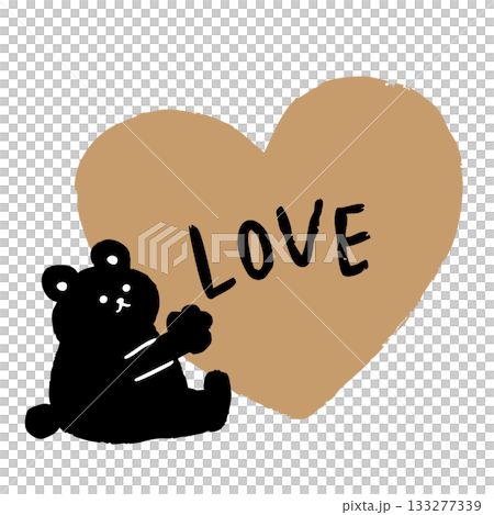 金のハートと LOVEの手描きの手描き文字、座っている黒いくまが寄り添う愛のメッセージイラスト。 133277339
