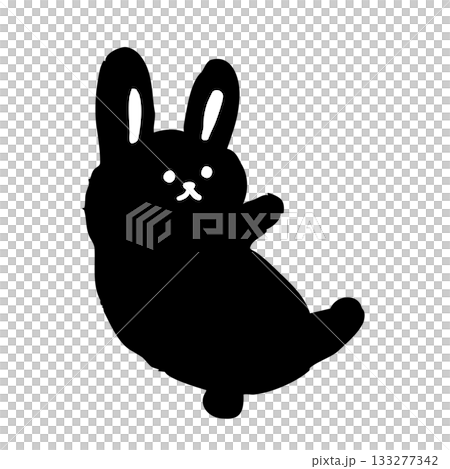 A cute, hand-drawn rabbit silhouette illustration leaning against something. Minimalist black and white. 133277342