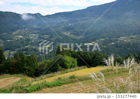 稲刈りの終わった棚田の山里の風景 稲刈りの終わった棚田の山里の風景 133277440