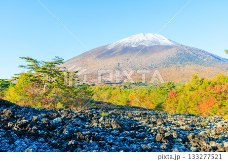 秋の焼走り熔岩流から見た積雪と紅葉の岩手山　岩手県八幡平市 133277521