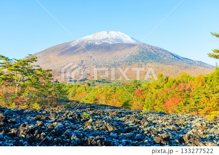 秋の焼走り熔岩流から見た積雪と紅葉の岩手山 岩手県八幡平市 秋の焼走り熔岩流から見た積雪と紅葉の岩手山 岩手県八幡平市 133277522