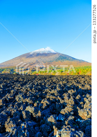 秋の焼走り熔岩流から見た積雪と紅葉の岩手山　岩手県八幡平市 133277526