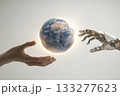 地球を支える人間とロボットの手 133277623